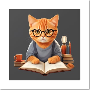 Nerd ginger cat reading book wearing glasses Posters and Art